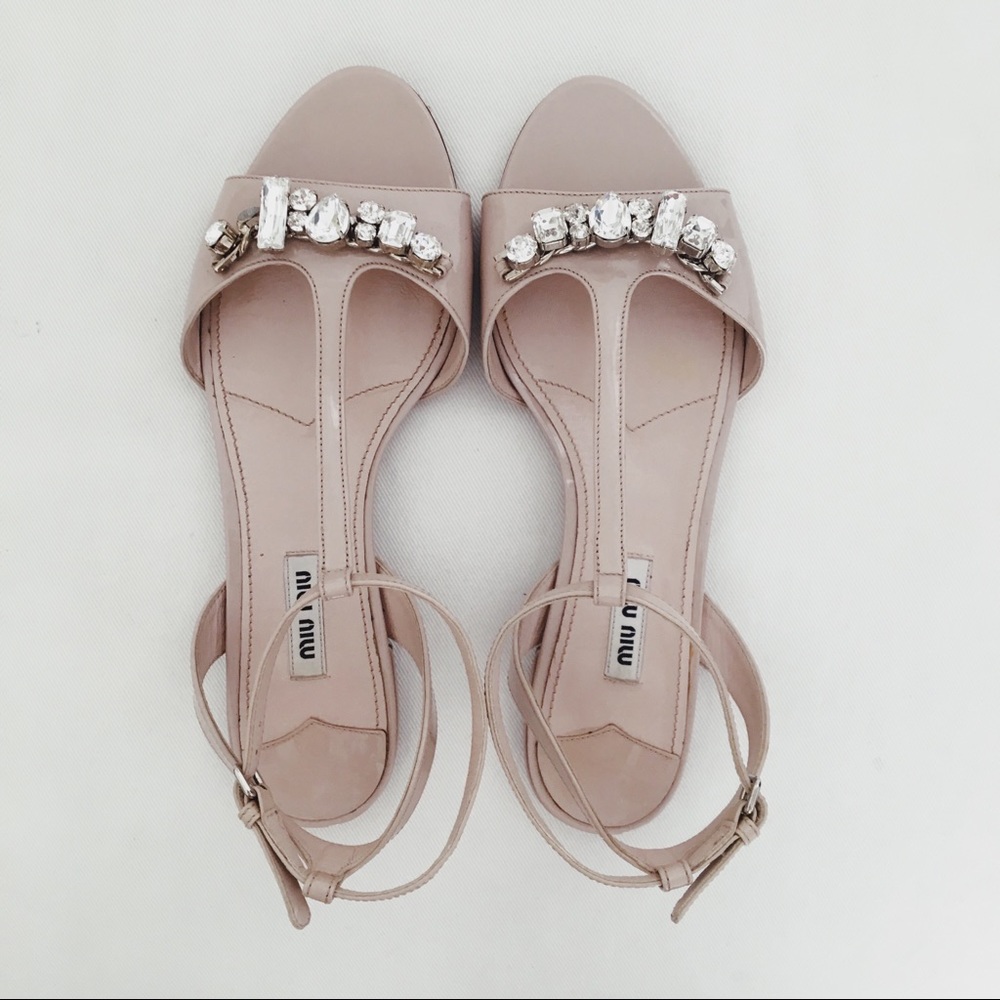 Miu Miu crystals rhinestone nude t-strap sandals